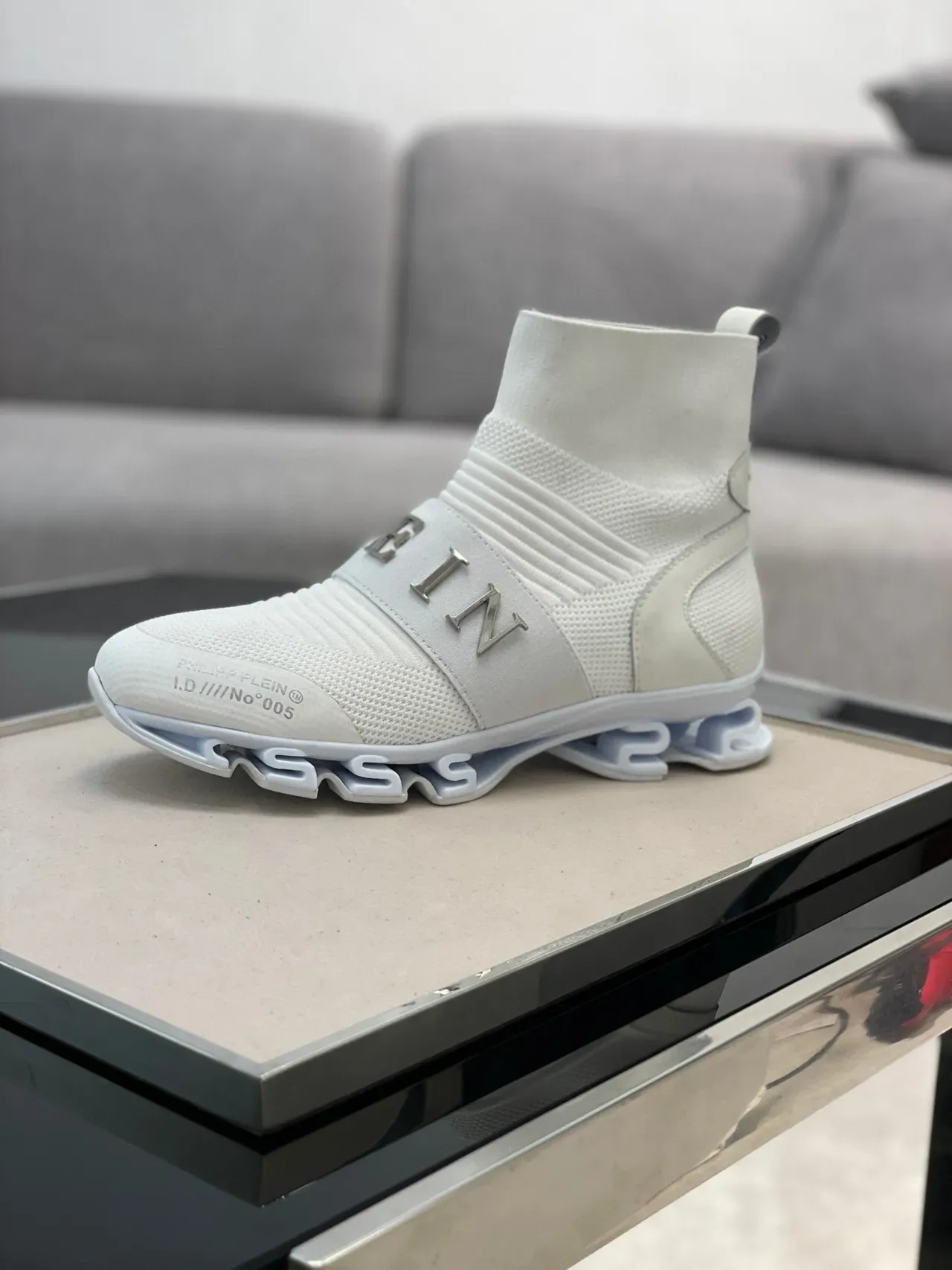 Philipp Plein 白灰色袜套贴合高帮针织罗纹领生活方式运动鞋 5