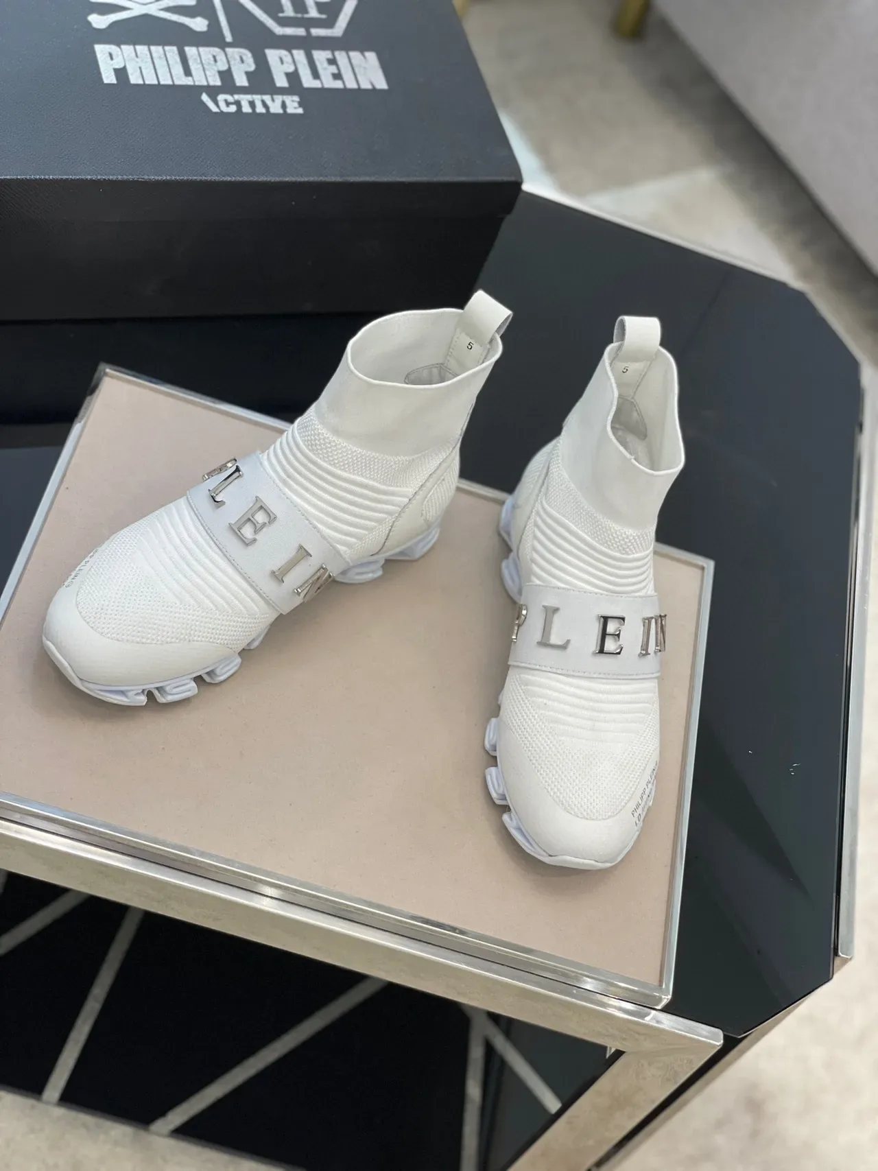 Philipp Plein 白灰色袜套贴合高帮针织罗纹领生活方式运动鞋 6
