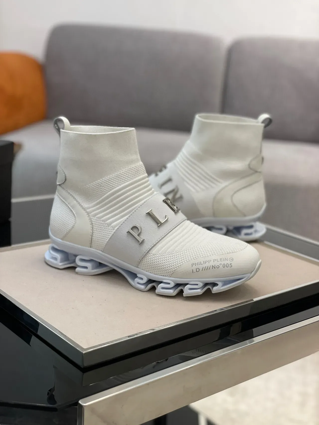 Philipp Plein 白灰色袜套贴合高帮针织罗纹领生活方式运动鞋 7