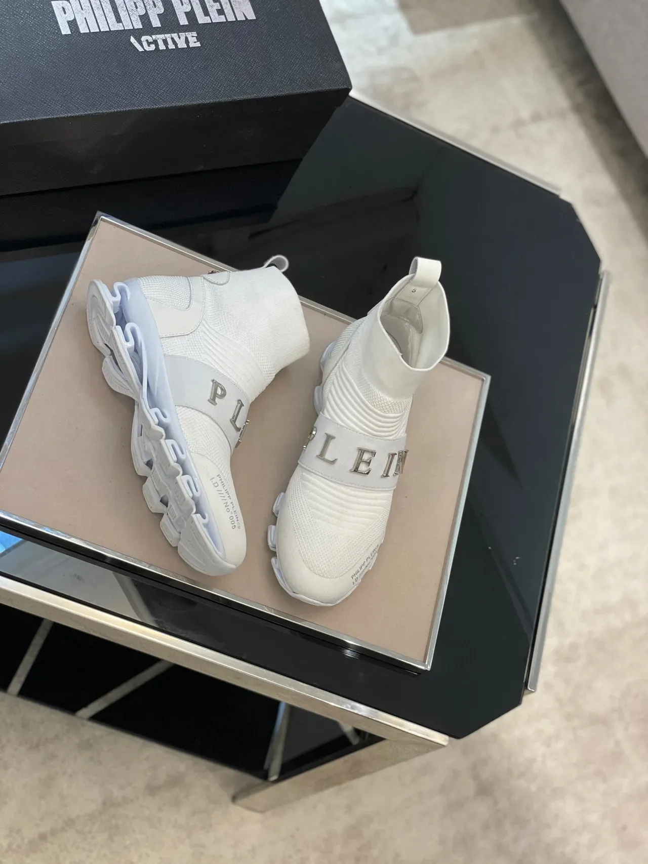 Philipp Plein 白灰色袜套贴合高帮针织罗纹领生活方式运动鞋 8