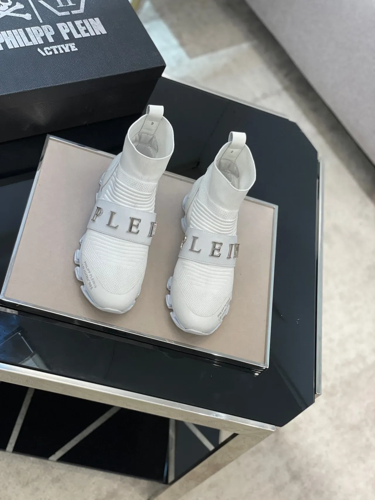 Philipp Plein 白灰色袜套贴合高帮针织罗纹领生活方式运动鞋 9