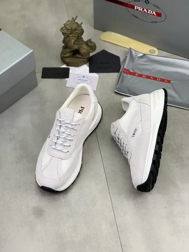 Prada Beige Negro Material Mixto Superior Texturizado Ante y Paneles de Malla Zapatillas Lifestyle 5