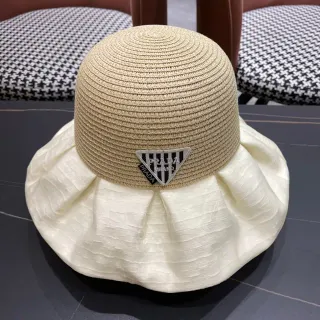 Prada Beige White Woven Straw Crown Ruffled Silk-Like Brim Bucket Hat