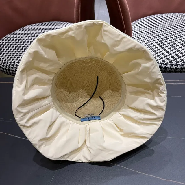 Prada Beige White Woven Straw Crown Ruffled Silk-Like Brim Bucket Hat 2