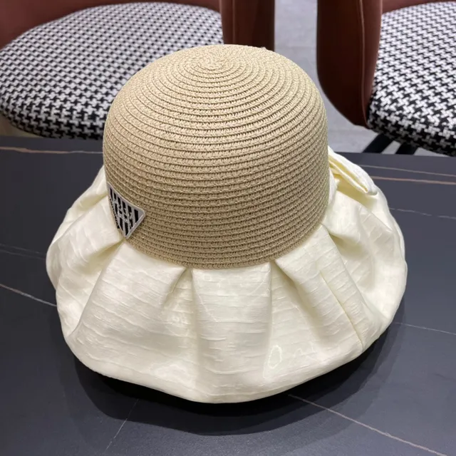 Prada Beige White Woven Straw Crown Ruffled Silk-Like Brim Bucket Hat 9
