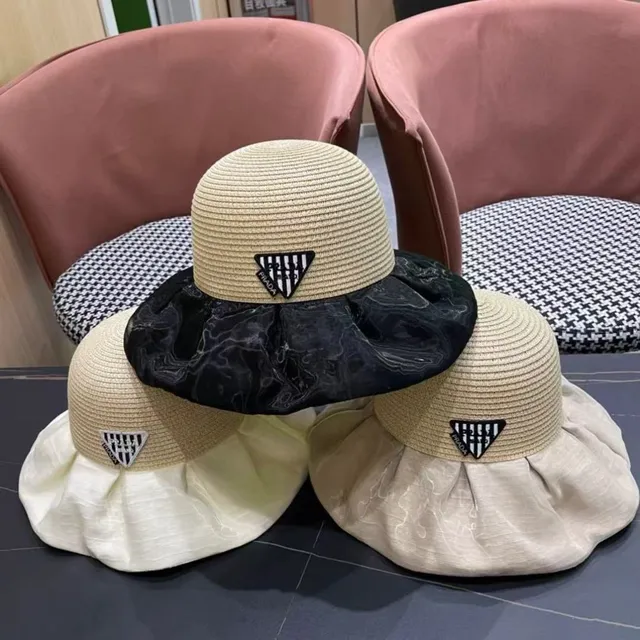 Prada Beige White Woven Straw Crown Ruffled Silk-Like Brim Bucket Hat 10
