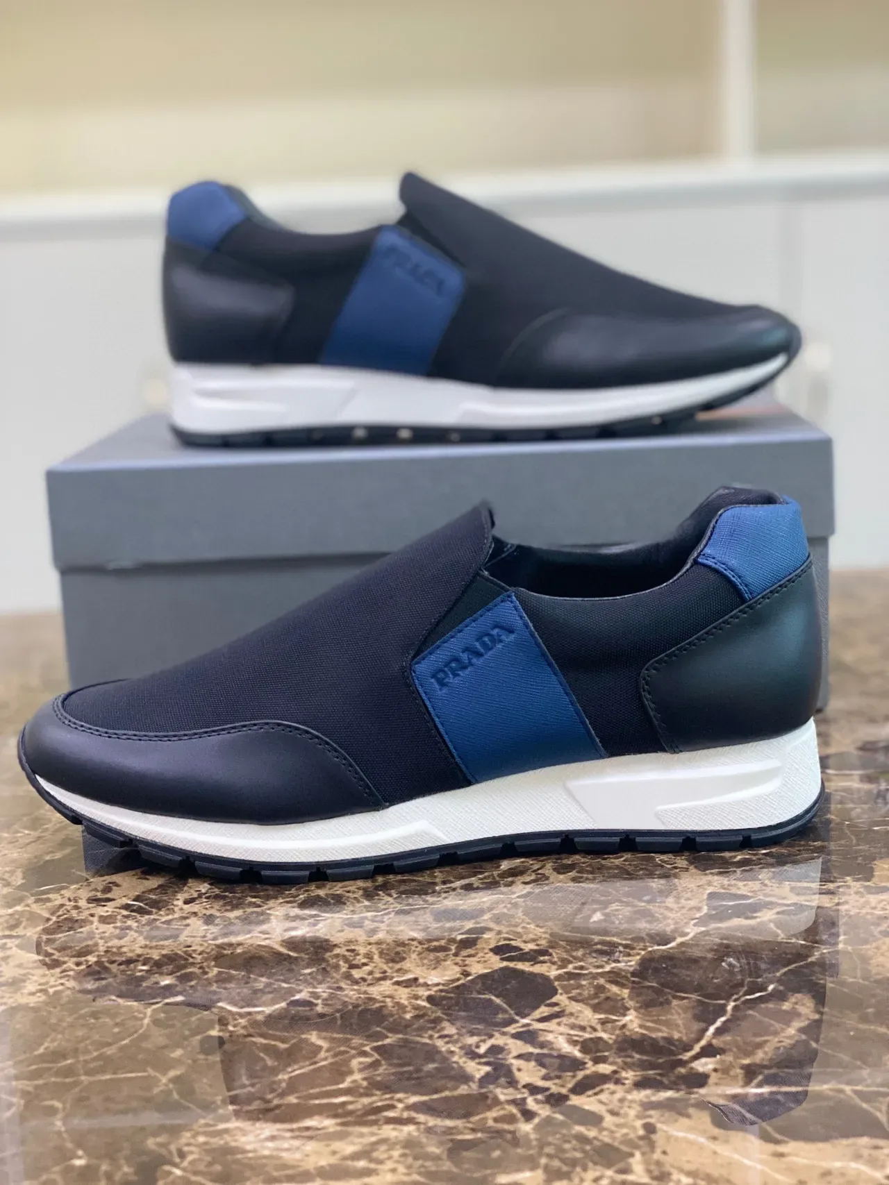 Prada Black Blue Slip-On Mesh-and-Leather Upper Lifestyle Sneakers 6