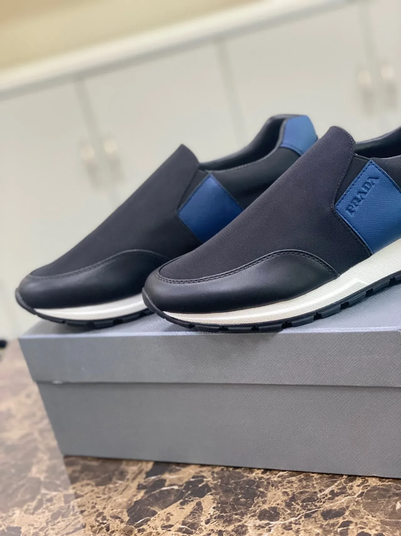 Prada Black Blue Slip-On Mesh-and-Leather Upper Lifestyle Sneakers 8