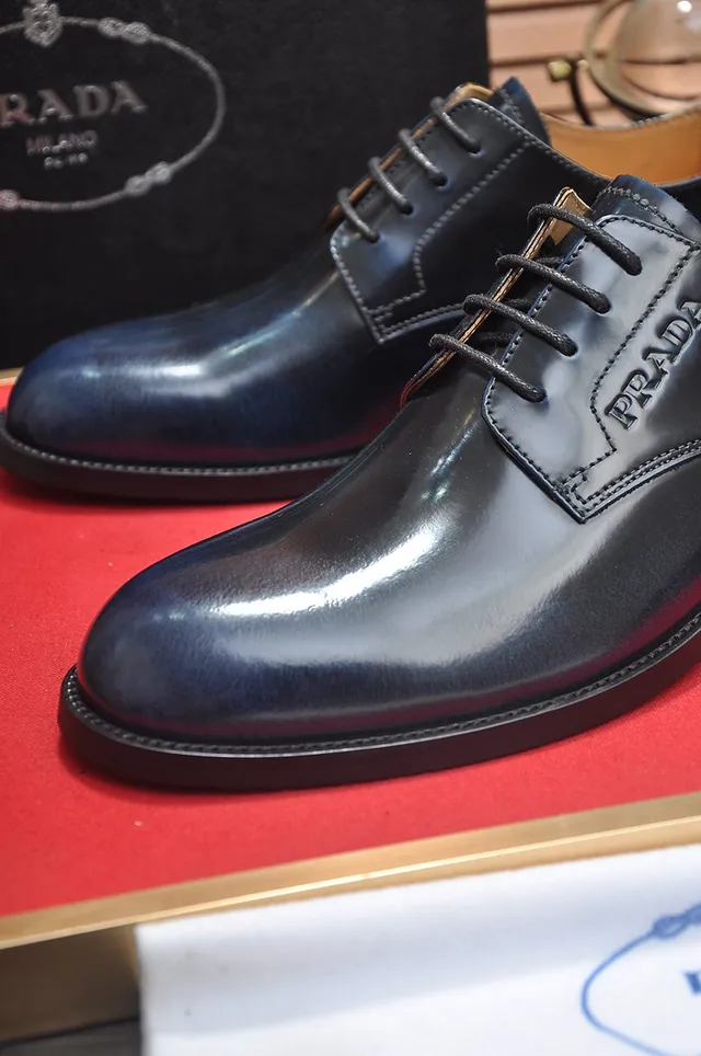 Prada Black Brown Glossy Patent Leather Cap-Toe Oxford Shoes 2