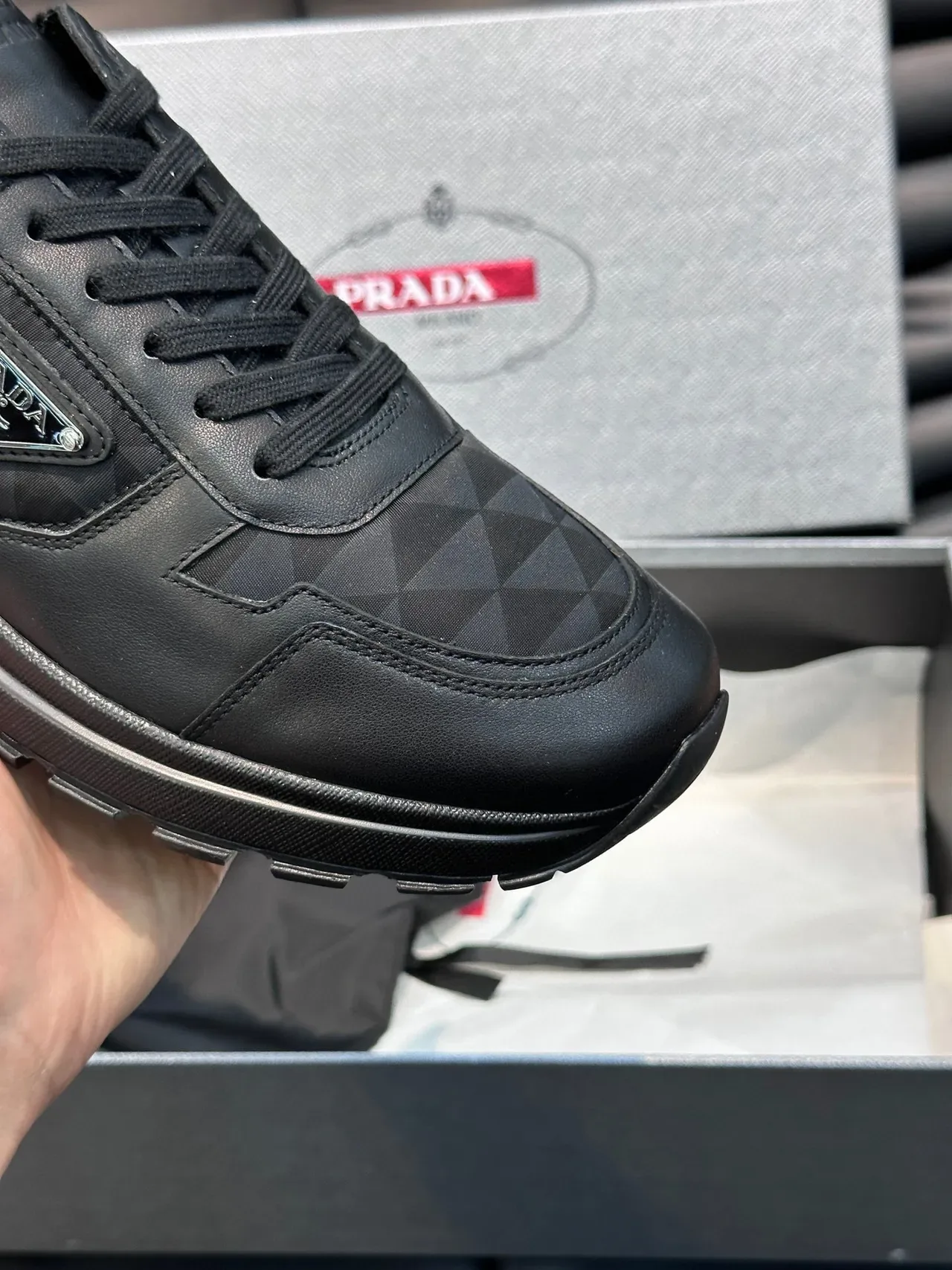 Prada Black Gray Leather Geometric Paneling Lifestyle Sneakers 3