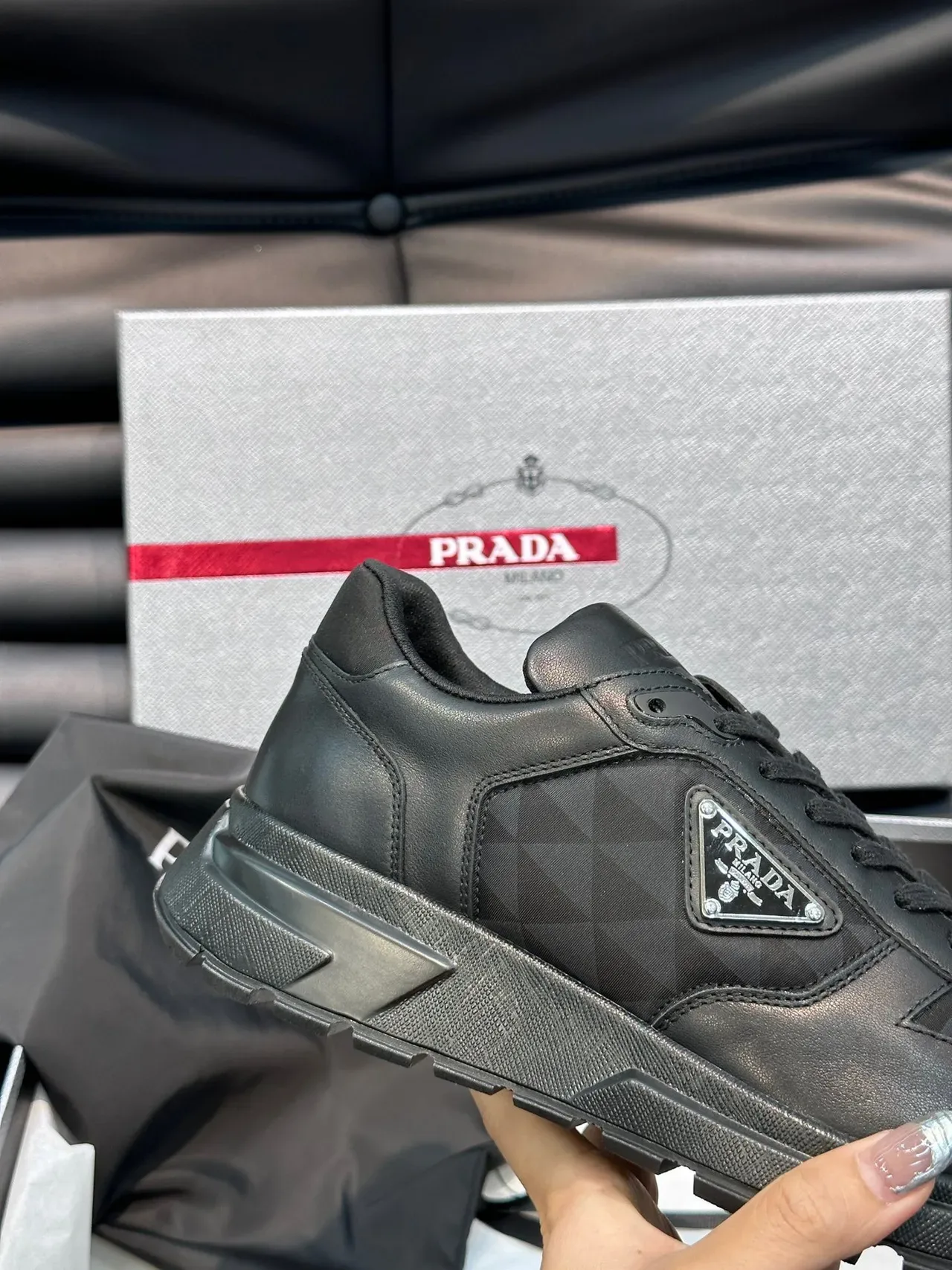 Prada Black Gray Leather Geometric Paneling Lifestyle Sneakers 4