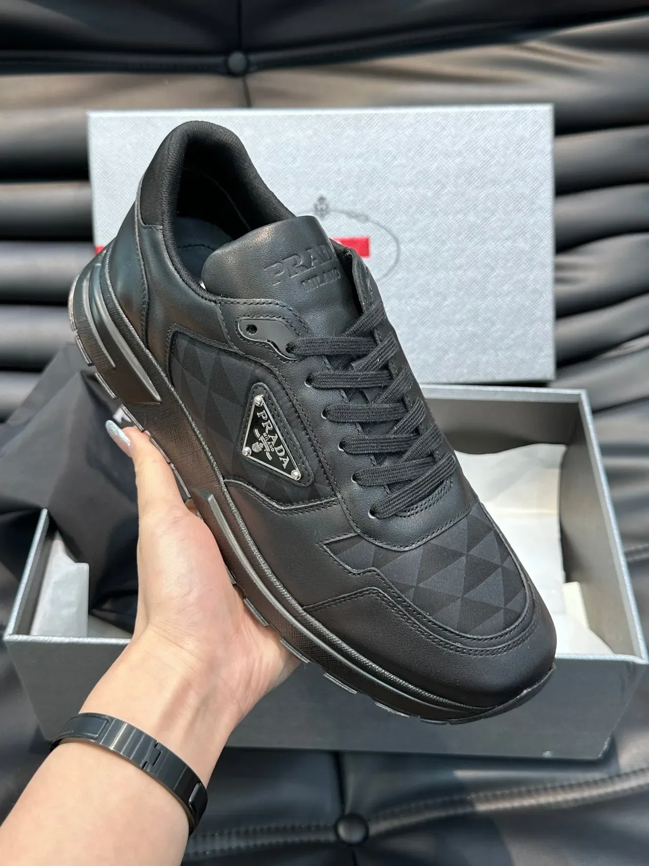 Prada Black Gray Leather Geometric Paneling Lifestyle Sneakers 5