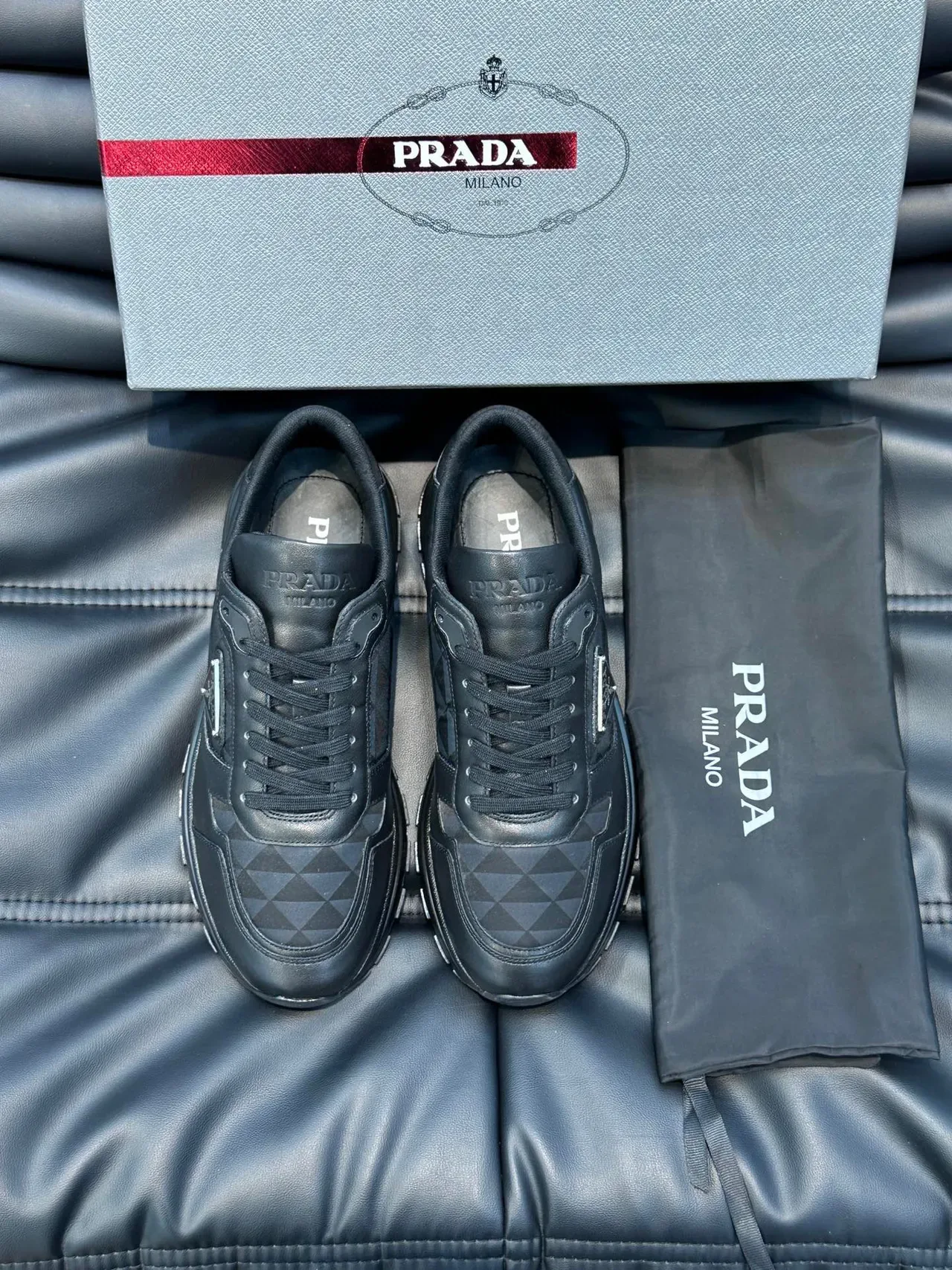 Prada Black Gray Leather Geometric Paneling Lifestyle Sneakers 7