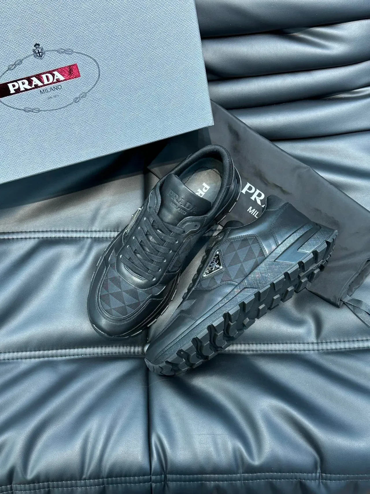 Prada Black Gray Leather Geometric Paneling Lifestyle Sneakers 9
