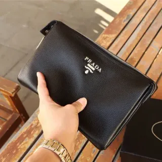 Prada Black Pebbled Leather Zip-Top Closure Envelope Clutch