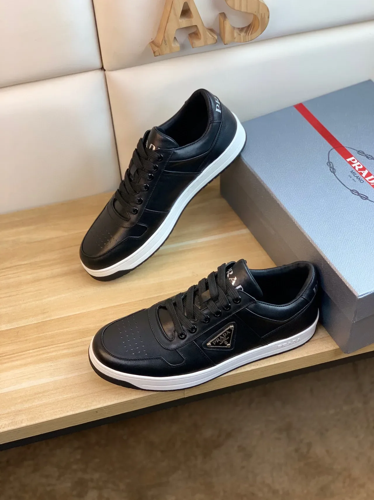 Prada Black White Leather Upper Triangular Metal Logo Plaque Lifestyle Sneakers 7