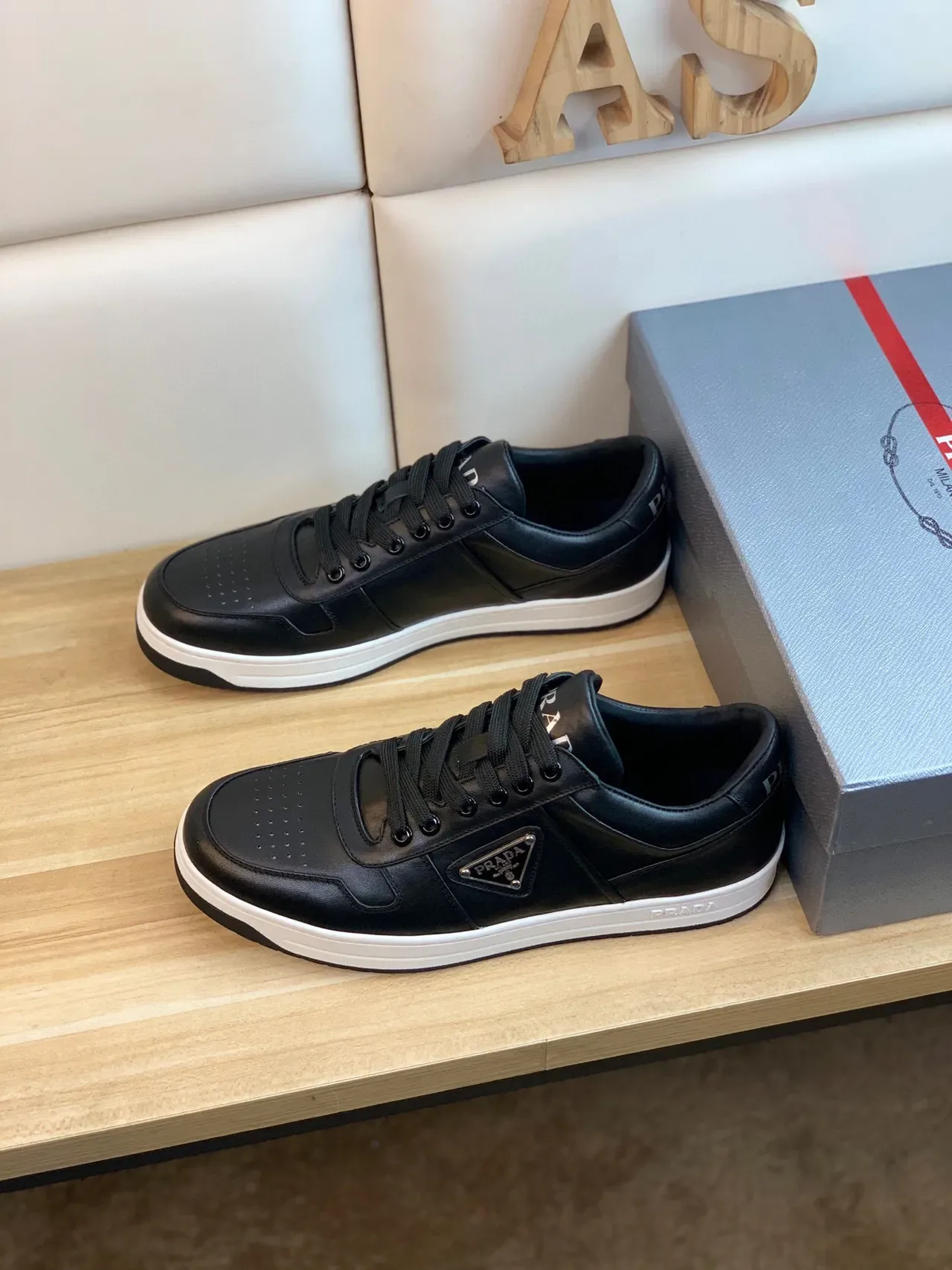 Prada Black White Leather Upper Triangular Metal Logo Plaque Lifestyle Sneakers 8