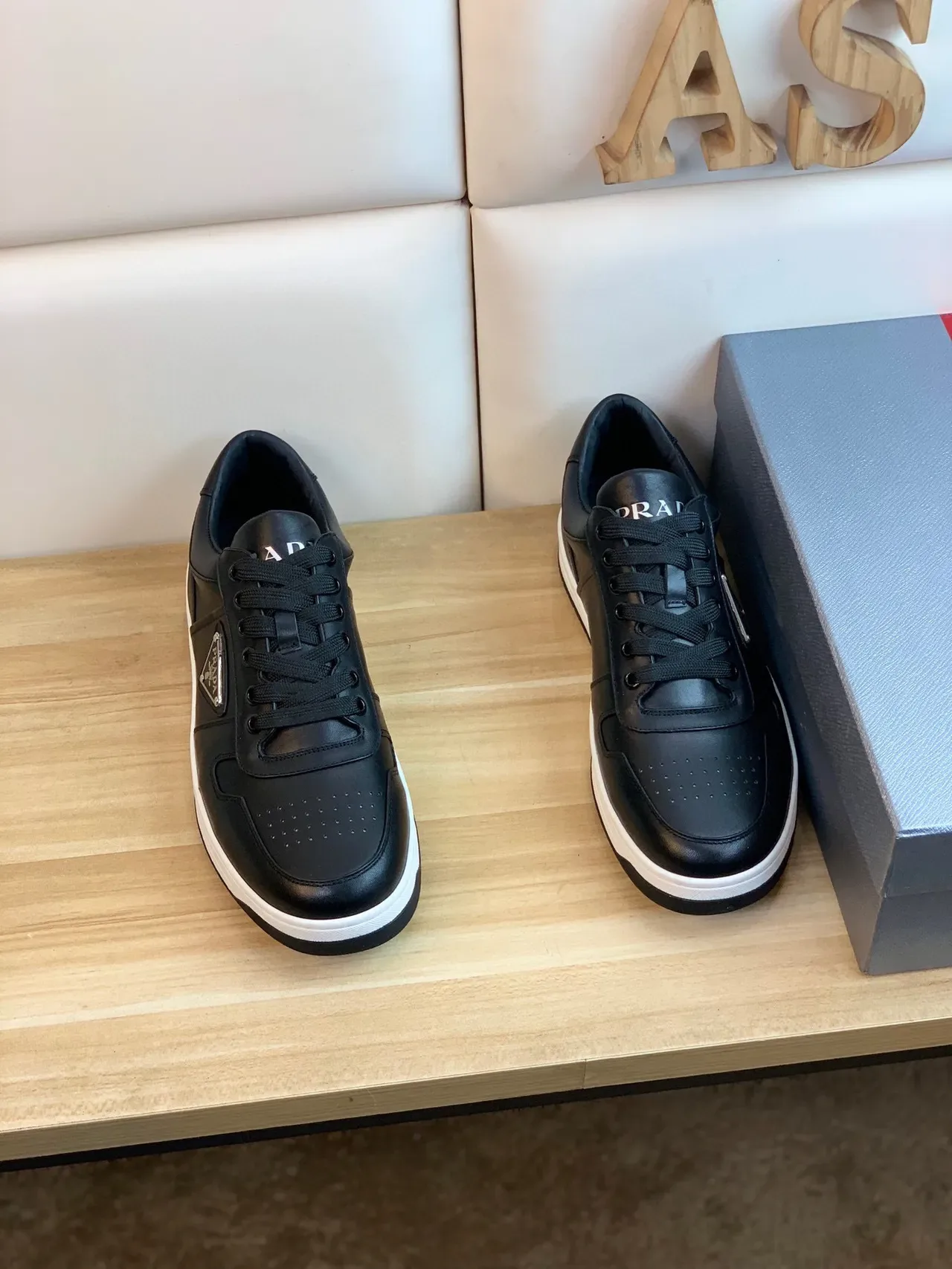 Prada Black White Leather Upper Triangular Metal Logo Plaque Lifestyle Sneakers 9