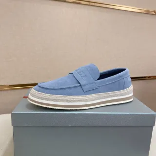 Prada Mocasin de Ante Azul Beige Suela de Plataforma Envuelta en Yute