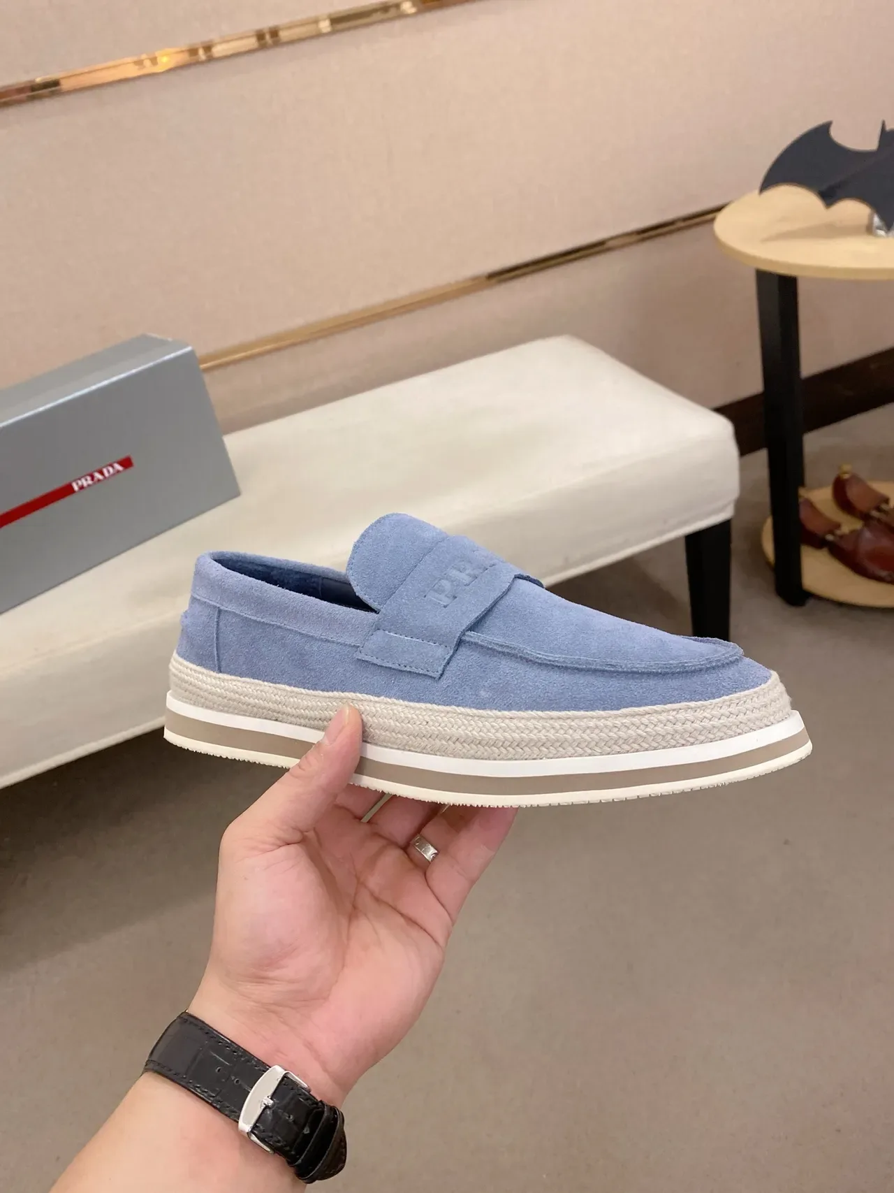 Prada Blue Beige Suede Upper Jute-Wrapped Platform Sole Loafer 4
