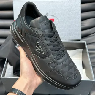 Prada Cloudbust Black Leather and Geometric Fabric Chunky Sneakers