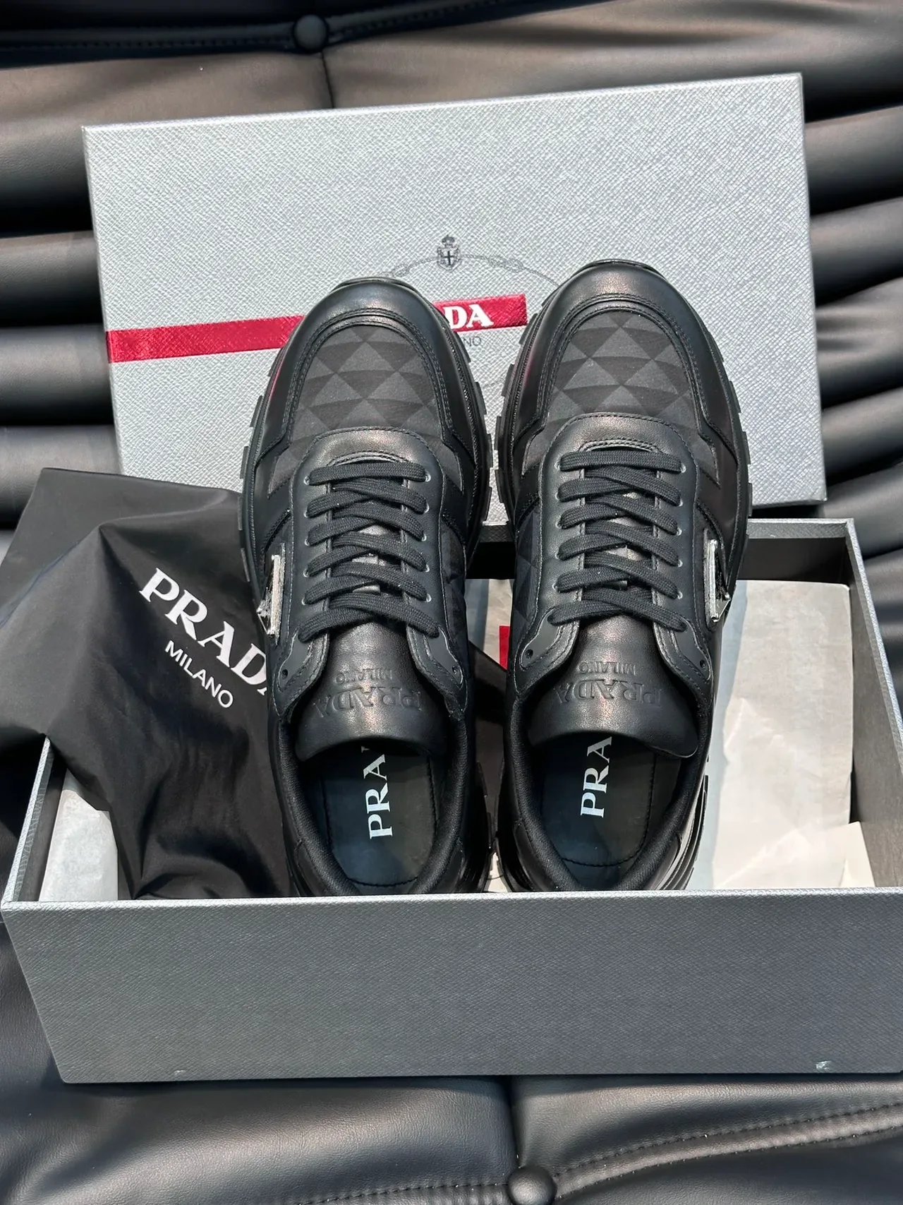 Prada Cloudbust Black Leather and Geometric Fabric Chunky Sneakers 4
