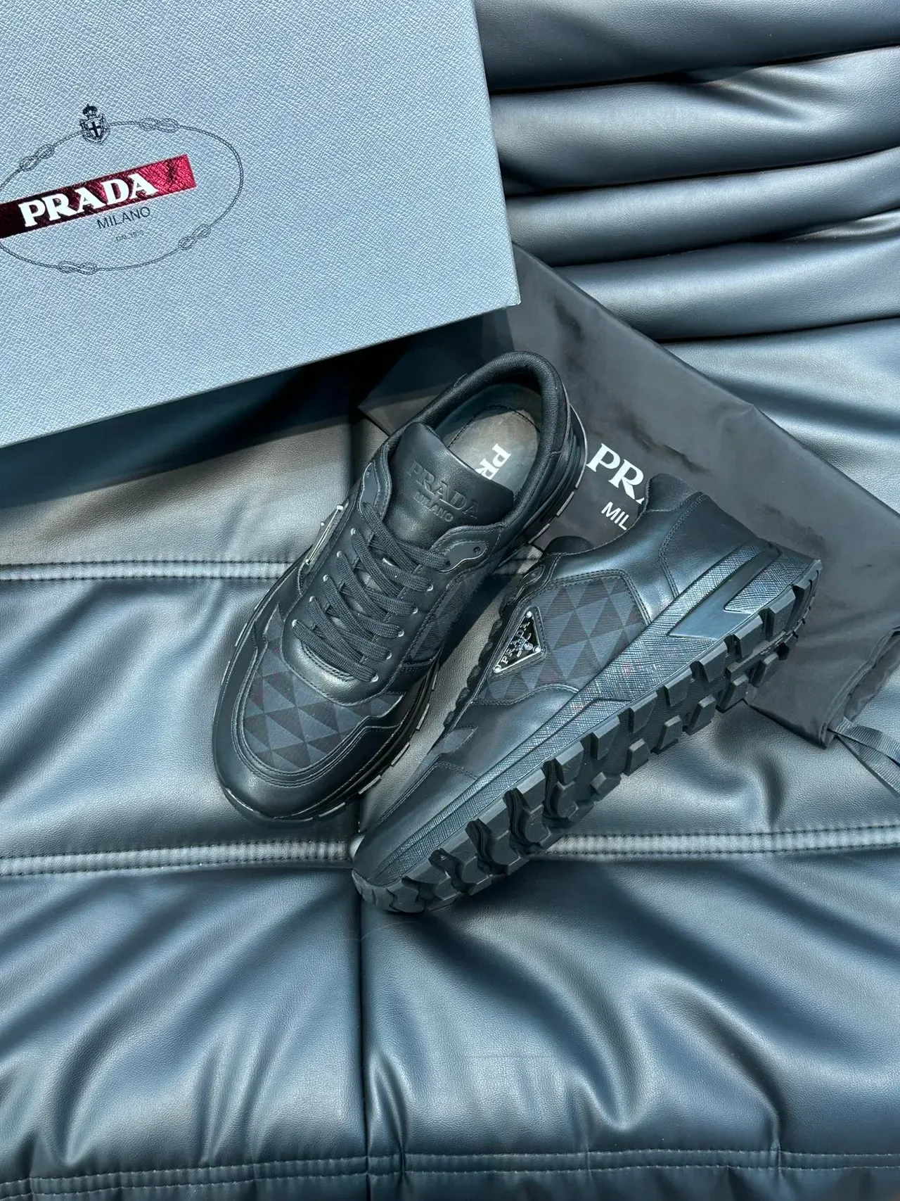 Prada Cloudbust Black Leather and Geometric Fabric Chunky Sneakers 5