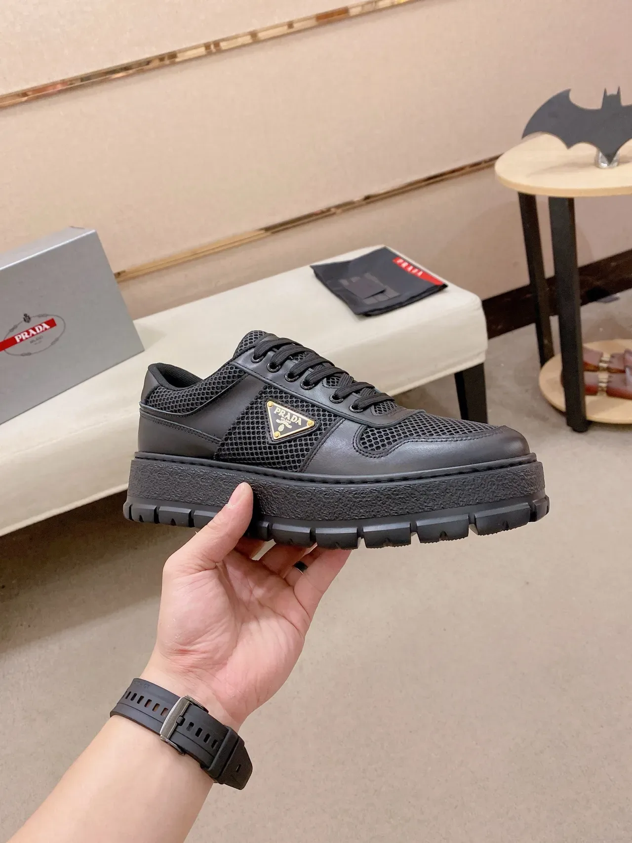 Prada Cloudbust Zapatillas Plataforma Negro Malla y Cuero Lifestyle 6