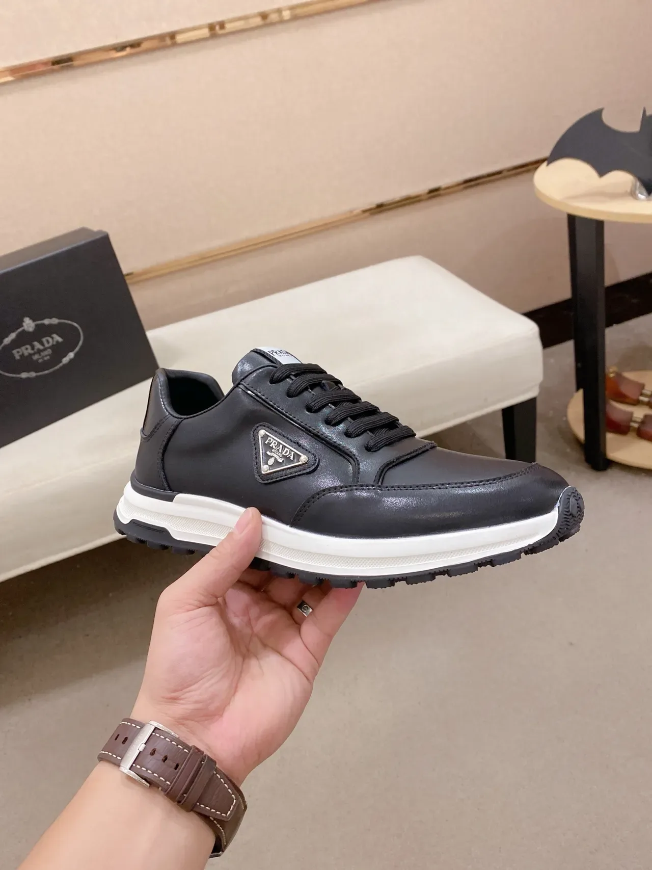 Prada Cloudbust Black White Leather Upper Triangular Metal Logo Lifestyle Sneakers 5