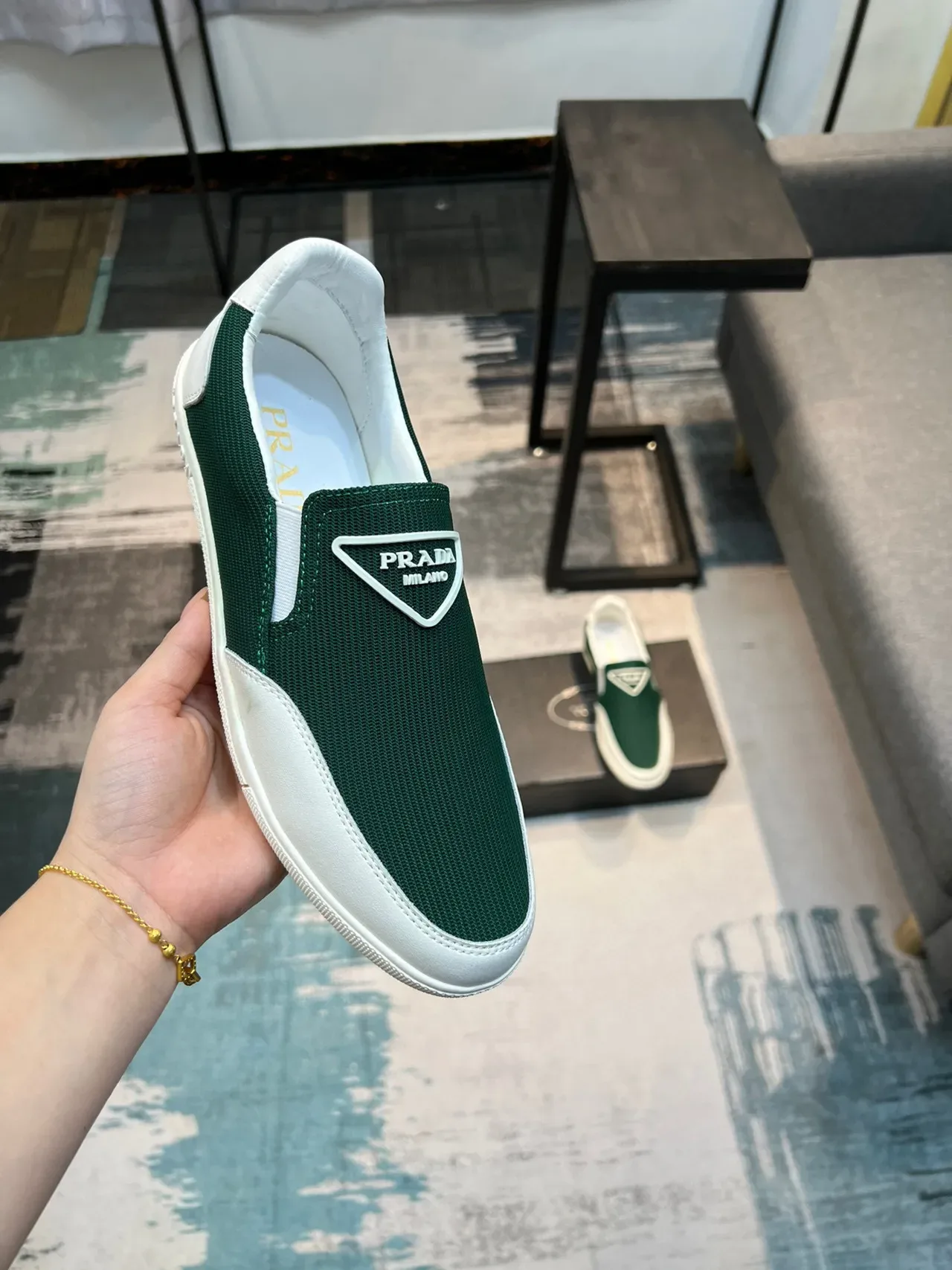 Prada Cloudbust Green White Slip-On Mesh-and-Leather Lifestyle Sneakers 6
