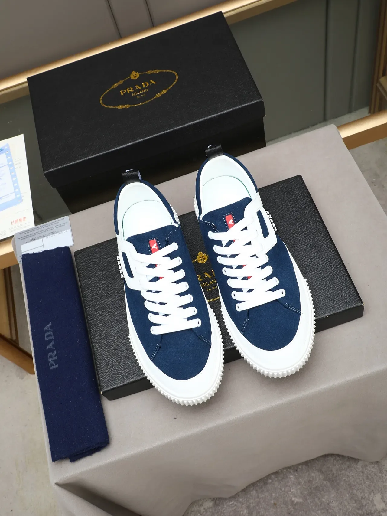 Prada Cloudbust Navy White Suede Upper Contrast Strap Lifestyle Sneakers 2