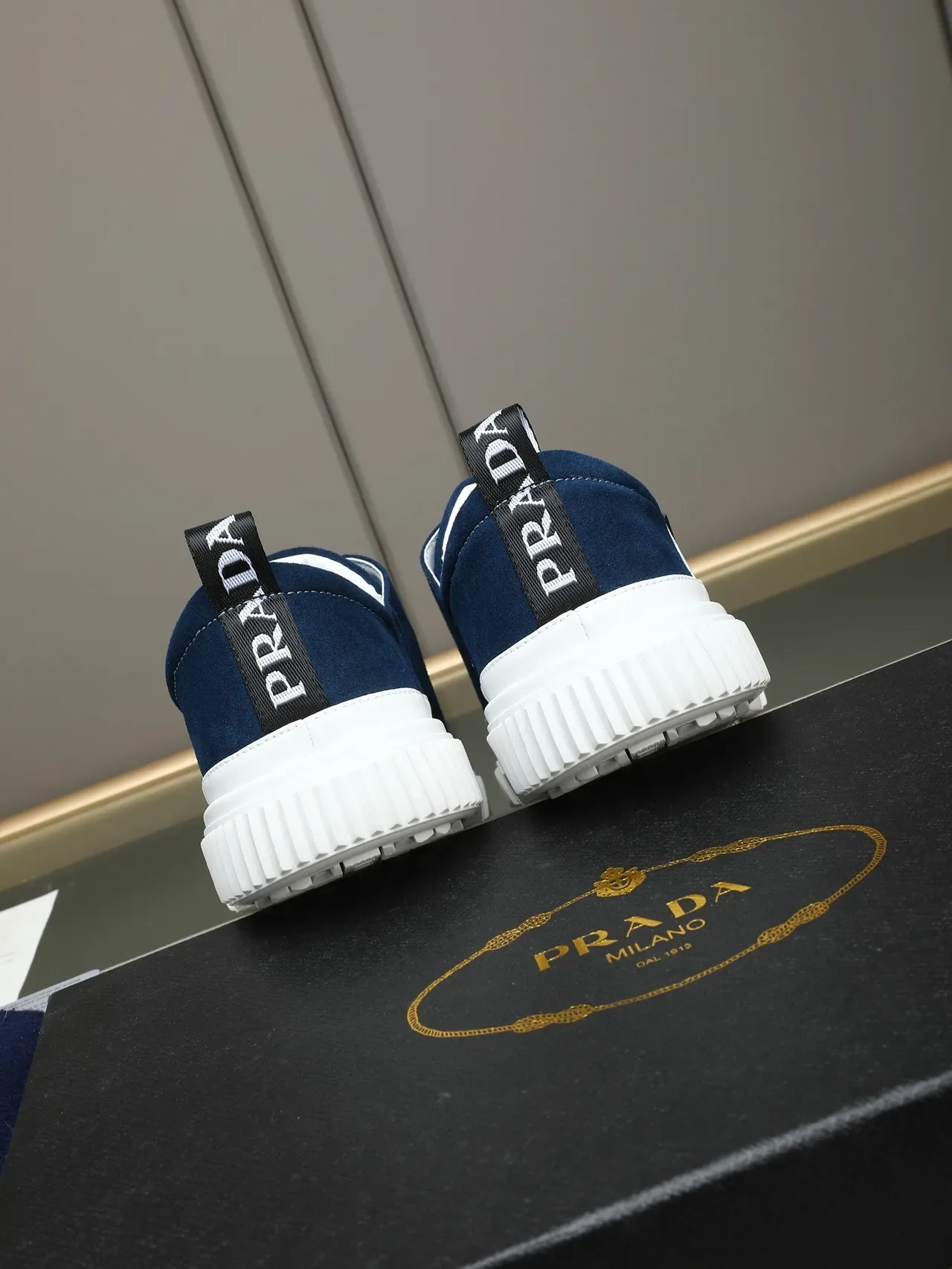Prada Cloudbust Navy White Suede Upper Contrast Strap Lifestyle Sneakers 3
