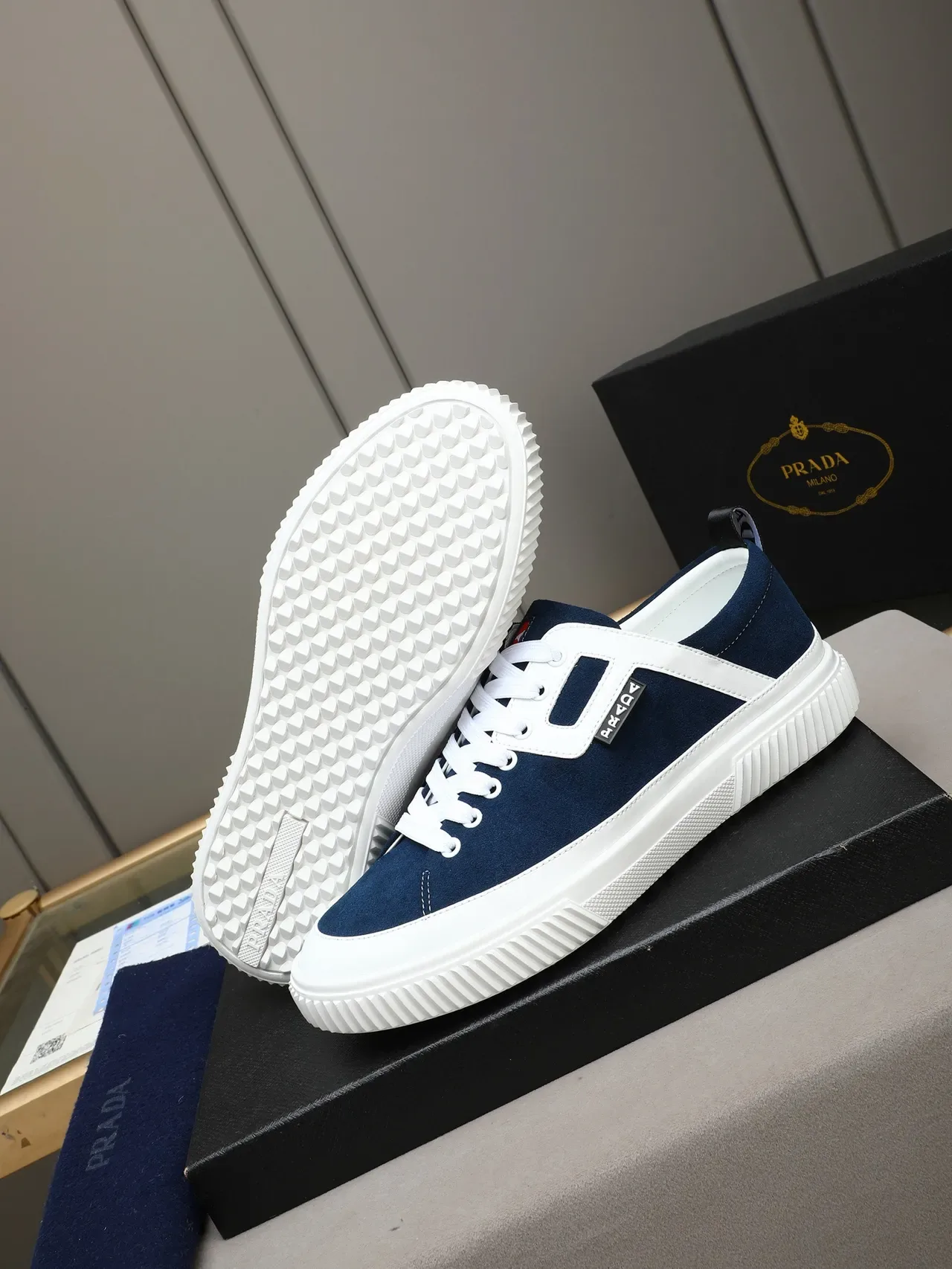 Prada Cloudbust Navy White Suede Upper Contrast Strap Lifestyle Sneakers 4