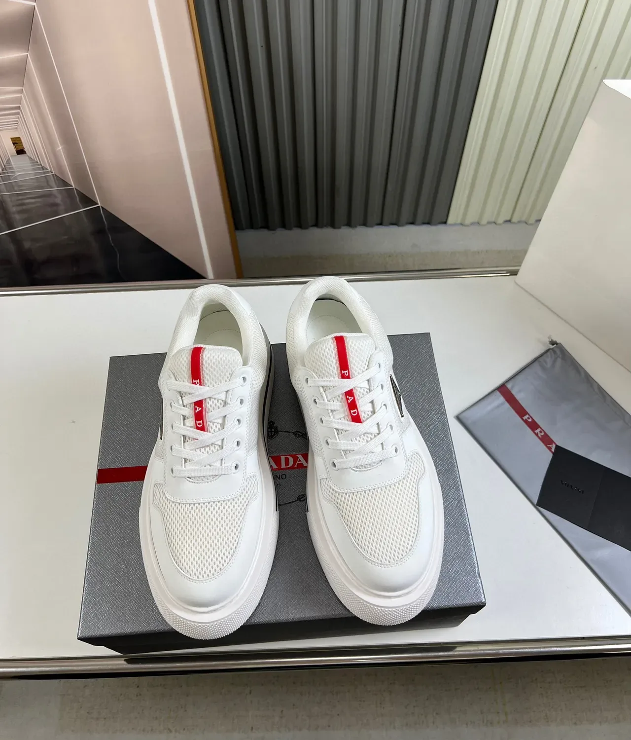 Prada Cloudbust White Mesh and Leather Lifestyle Sneakers 8