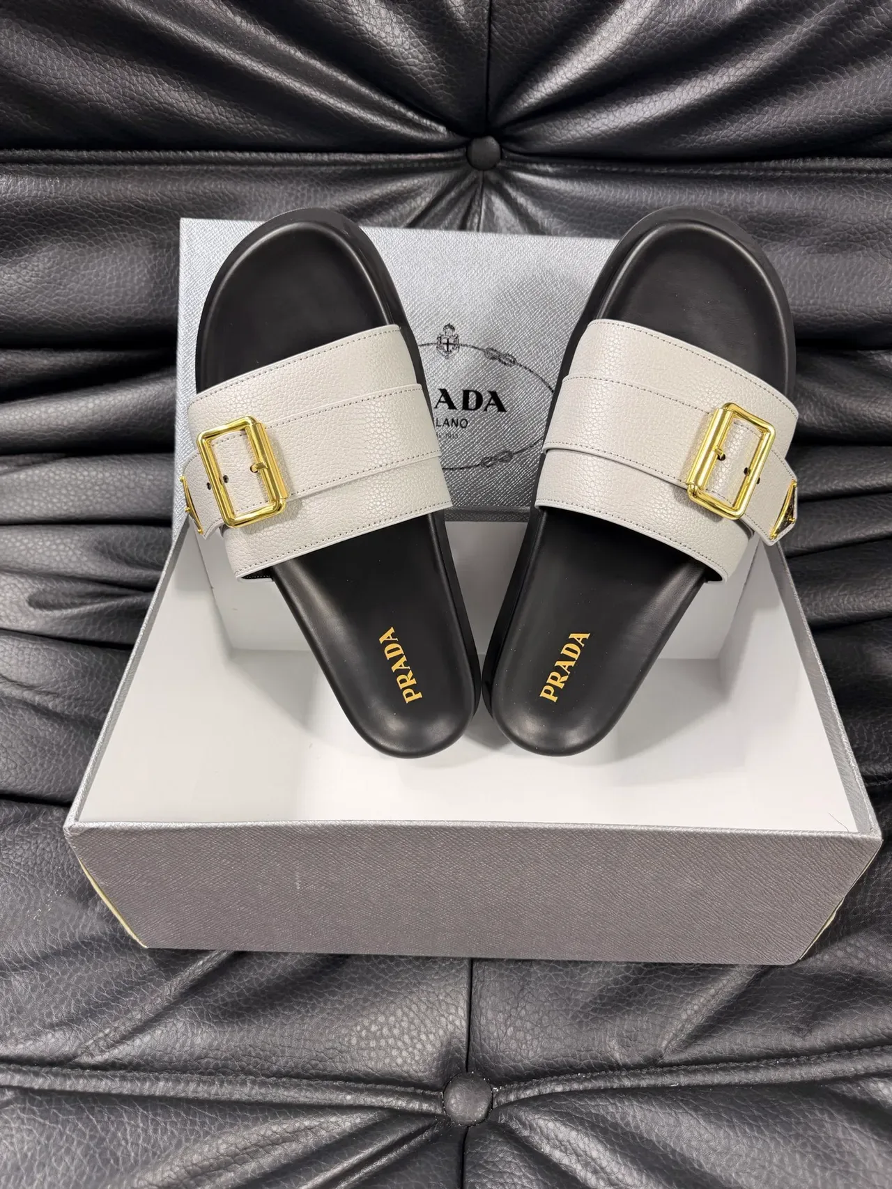Prada Gray Gold Single-Strap Buckle Slippers 3
