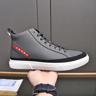 Prada Gray Red High-Top Textured Leather Upper Lifestyle Sneakers