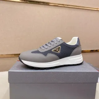 Prada Gray White Mixed-Material Upper Mesh And Textured Leather Panels Lifestyle Sneakers