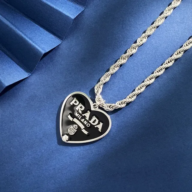 Prada Heart Pendant Necklace White and Black Enamel Rope Chain Necklaces 3