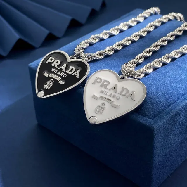 Prada Heart Pendant Necklace White and Black Enamel Rope Chain Necklaces 4