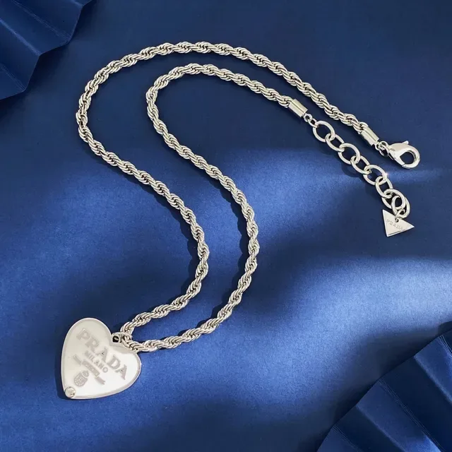 Prada Heart Pendant Necklace White and Black Enamel Rope Chain Necklaces 5