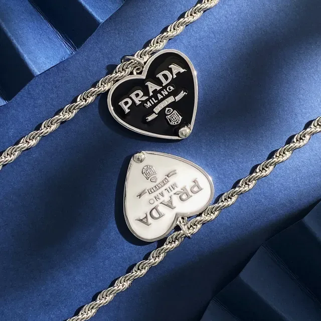 Prada Heart Pendant Necklace White and Black Enamel Rope Chain Necklaces 7