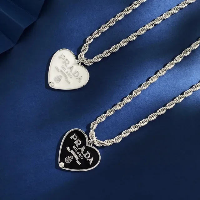Prada Heart Pendant Necklace White and Black Enamel Rope Chain Necklaces 8