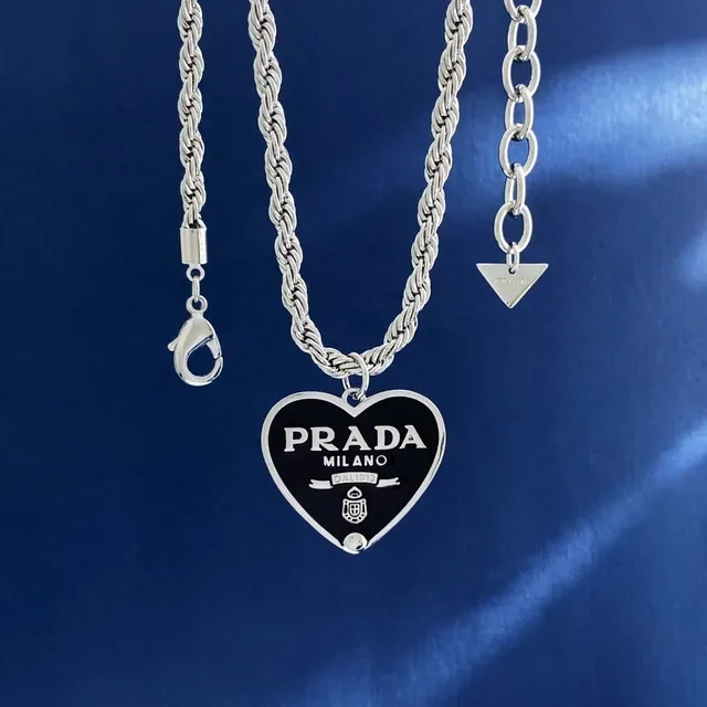 Prada Heart Pendant Necklace White and Black Enamel Rope Chain Necklaces 9