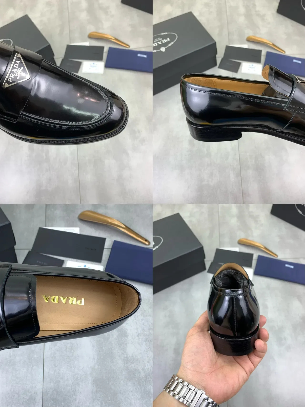 Prada Loafer Preto Bege Couro Verniz Brilhante Placa Logo Metal Loafer 2
