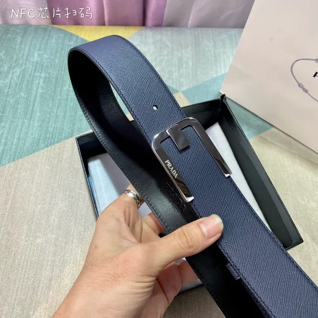 Prada Navy Black Saffiano-Textured Rectangular Polished Metal Buckle Leather Belt 5