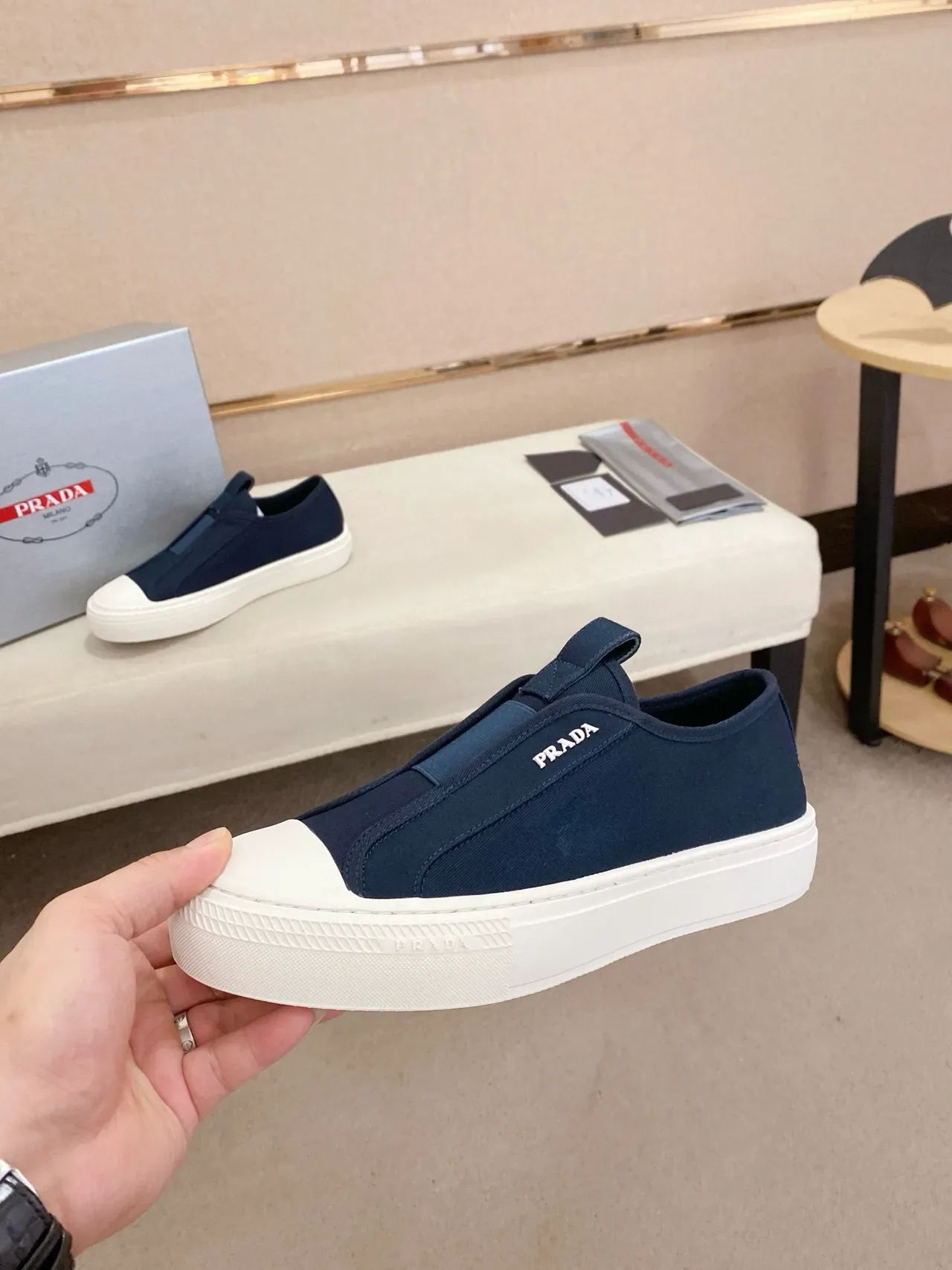 Prada Navy White Slip-On Elasticated Vamp Lifestyle Sneakers 3