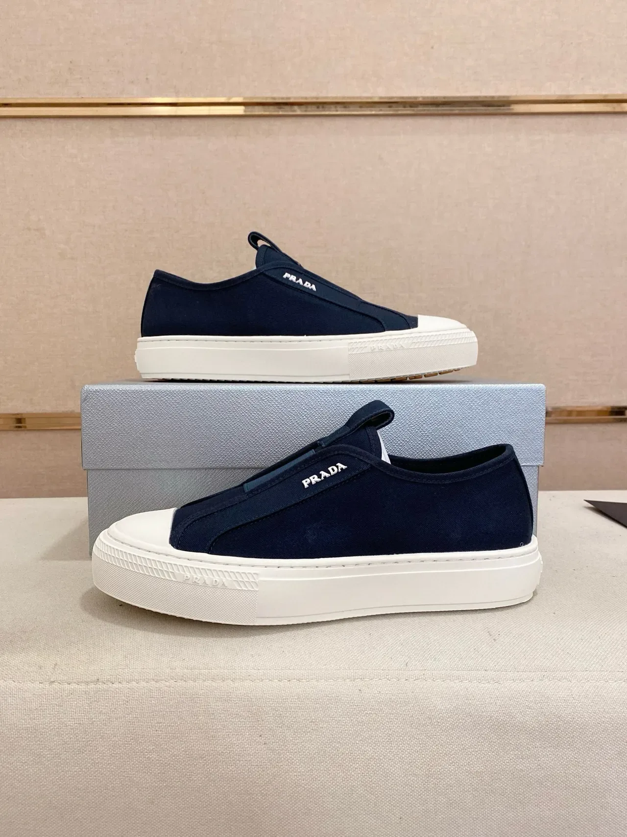 Prada Navy White Slip-On Elasticated Vamp Lifestyle Sneakers 7