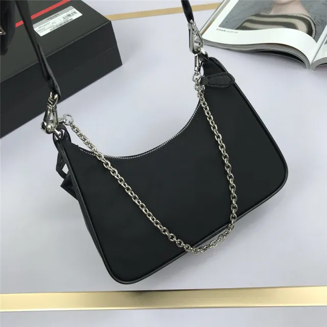 Prada Re-Edition Black Silver Curved Hobo Silhouette Nylon Body Chain Bag 14