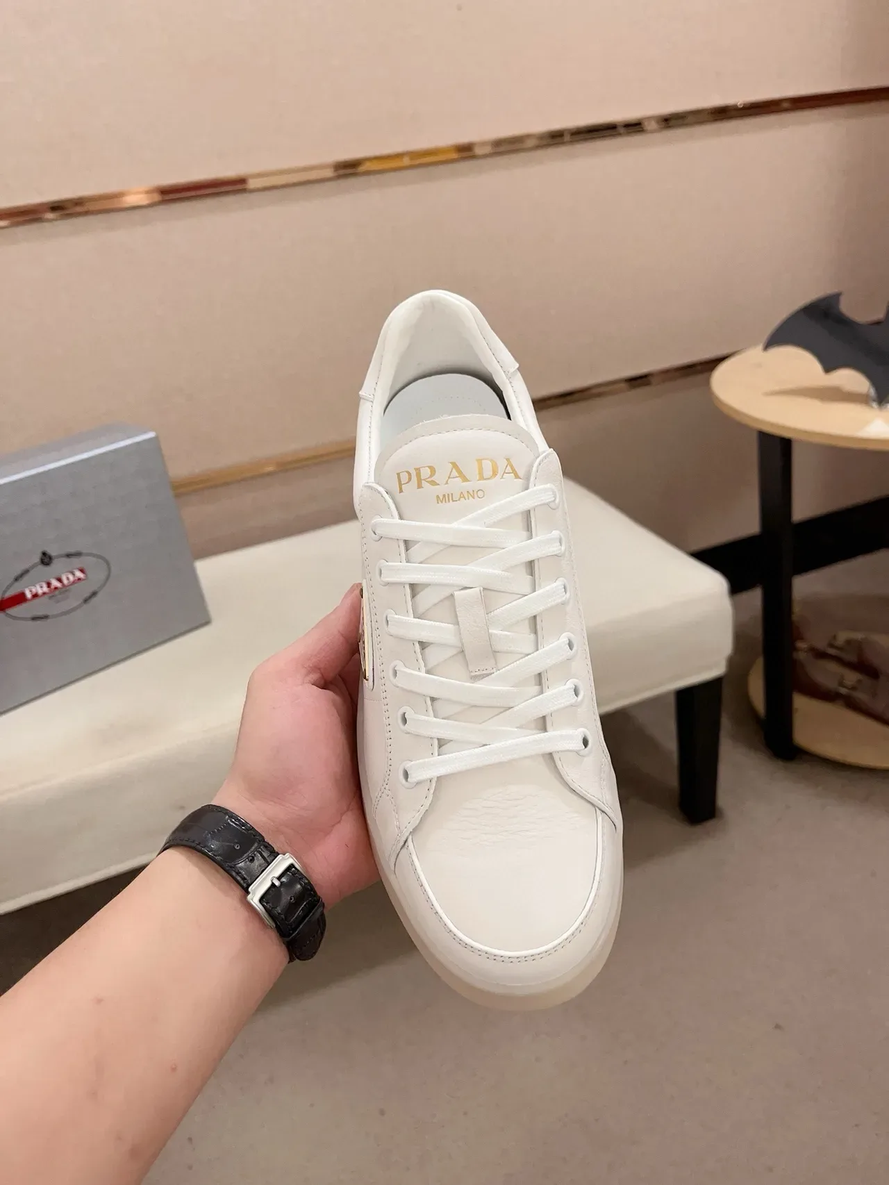 Prada White Beige Leather Upper Triangular Logo Plaque Lifestyle Sneakers 5