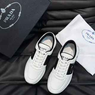 Prada White Black Leather Upper Side Stripe Lifestyle Sneakers
